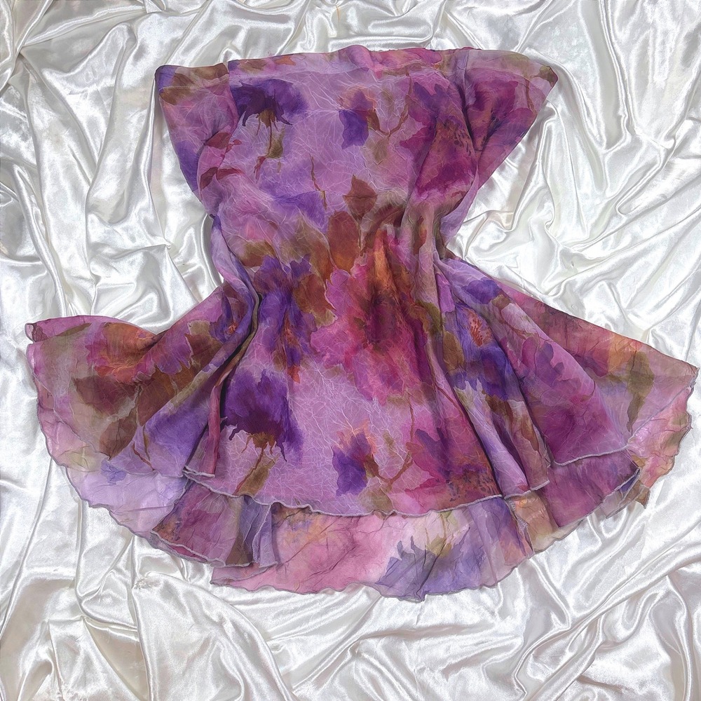 Vintage Strapless Top Purple Excellent Floral Chiffon Ruffle Tiered 20W